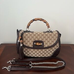 Authentic Gucci New Bamboo GG Canvas Large Top Handle Bag